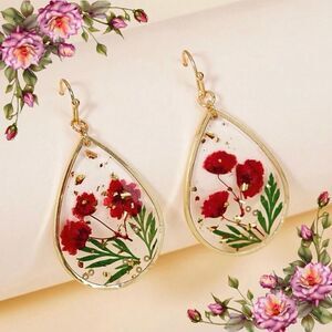 Resin Leaf & Red Flower Earrings, Elegant Delicate Water Drop Floral Jewelry